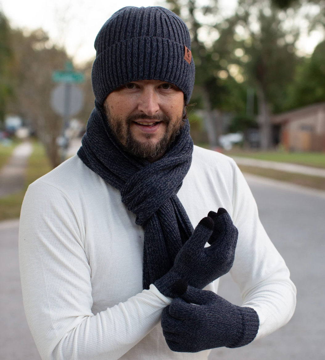 Mens Knit Beanie, Scarf Touchscreen Gloves Set Fleece Lined