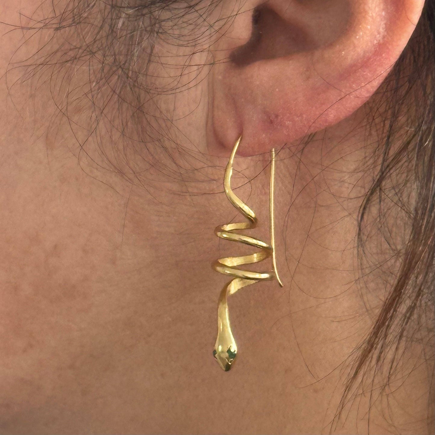 Green Zircon Eyes | Gold Snake Hoop Earrings | Spiral Snake