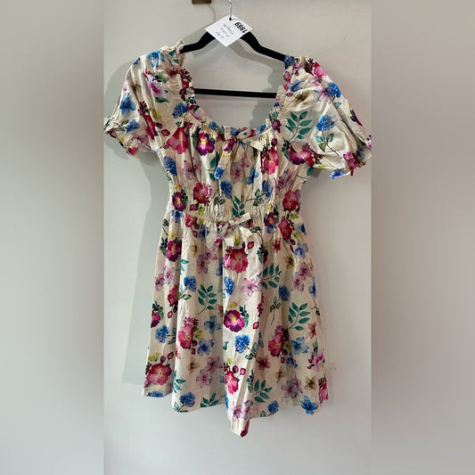 Cream Multicolor Floral Puff Sleeve Smocked Mini Dress, Size S | 1989