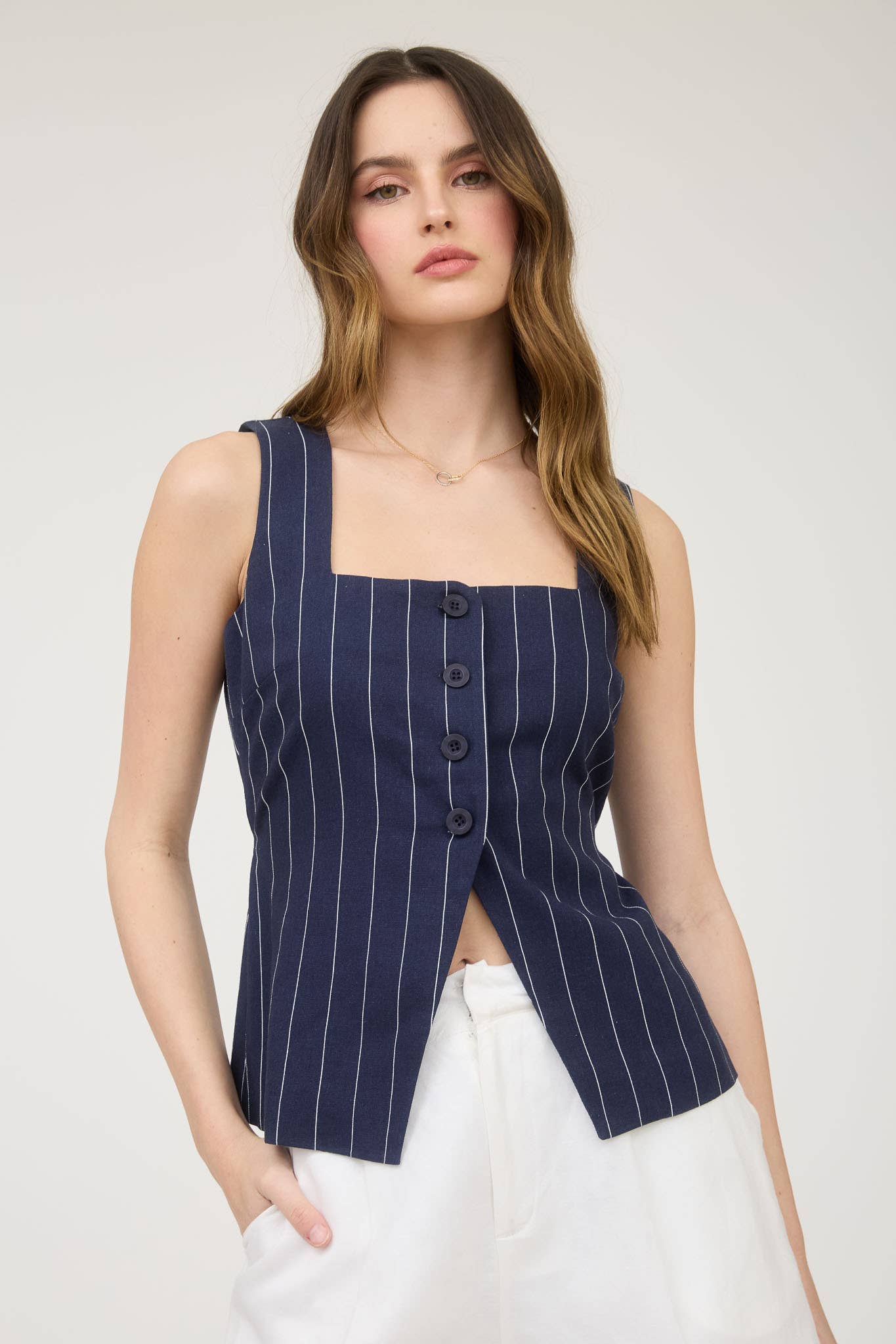 PINSTRIPE SQUARE NECK BUTTON FRONT VEST TOP