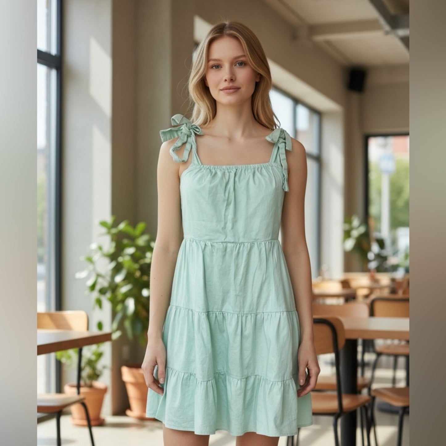 Green Tiered Mini Dress with Tie Straps, Size S | 2200