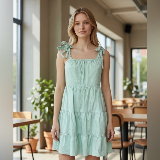 Green Tiered Mini Dress with Tie Straps, Size S | 2200