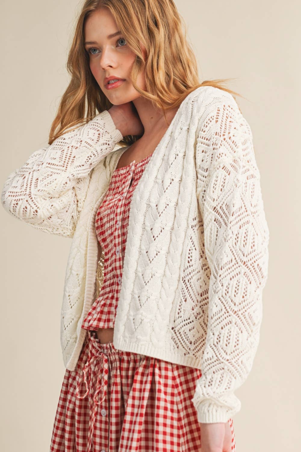 J6443 LIGHT WEIGHT CABLE KNIT CARDIGAN