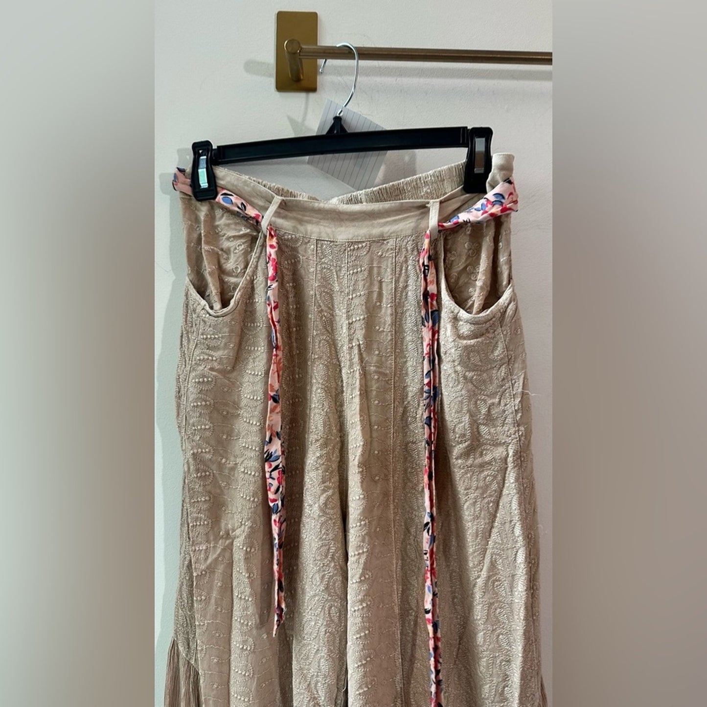 Patchwork Beige Embroidered Wide Leg Pants, Size S | 0838