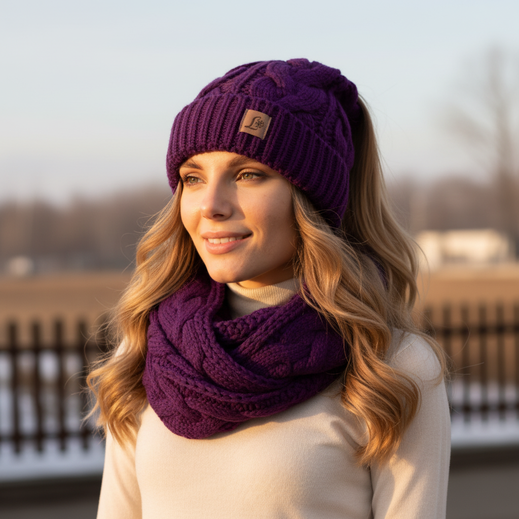 Winter Ponytail Hat Scarf Knit Beanie and Scarf Set