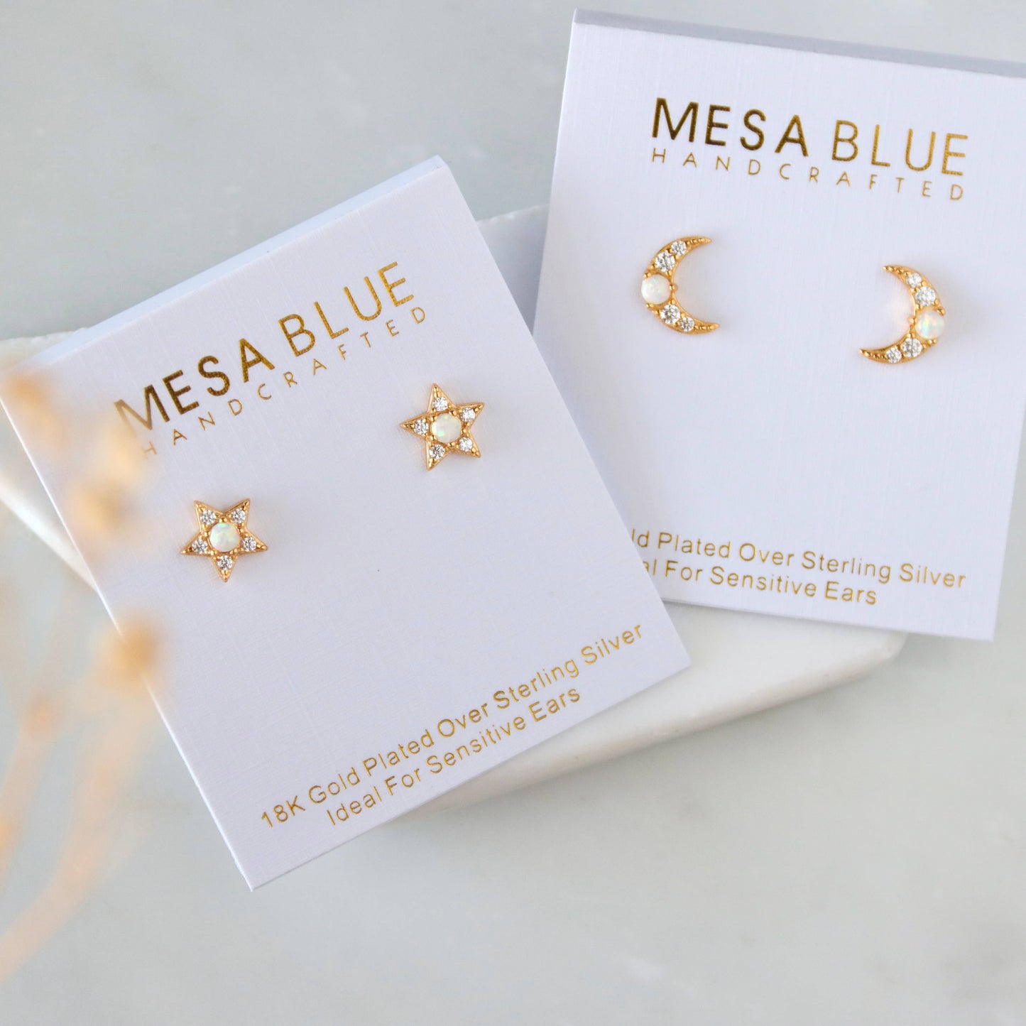 Opal Moon and Star Stud Earrings - Hypoallergenic