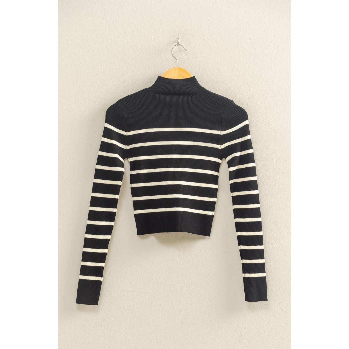 Striped Ribbed High Neck Cropped Knit Top