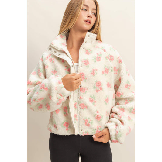 Floral Print Sherpa Zip Up Jacket
