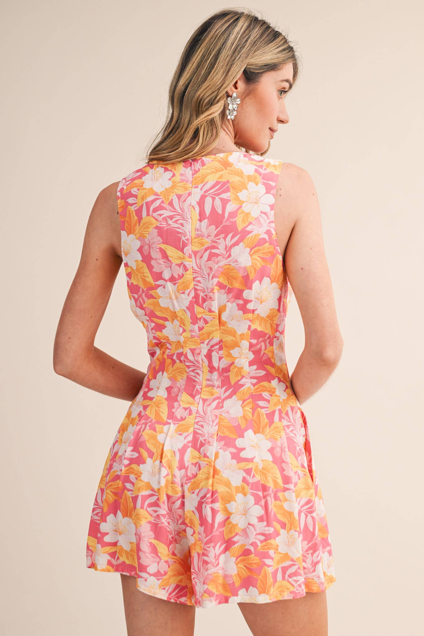 TROPICAL FLORAL PLEATED WAIST BUTTON UP ROMPER MP4884