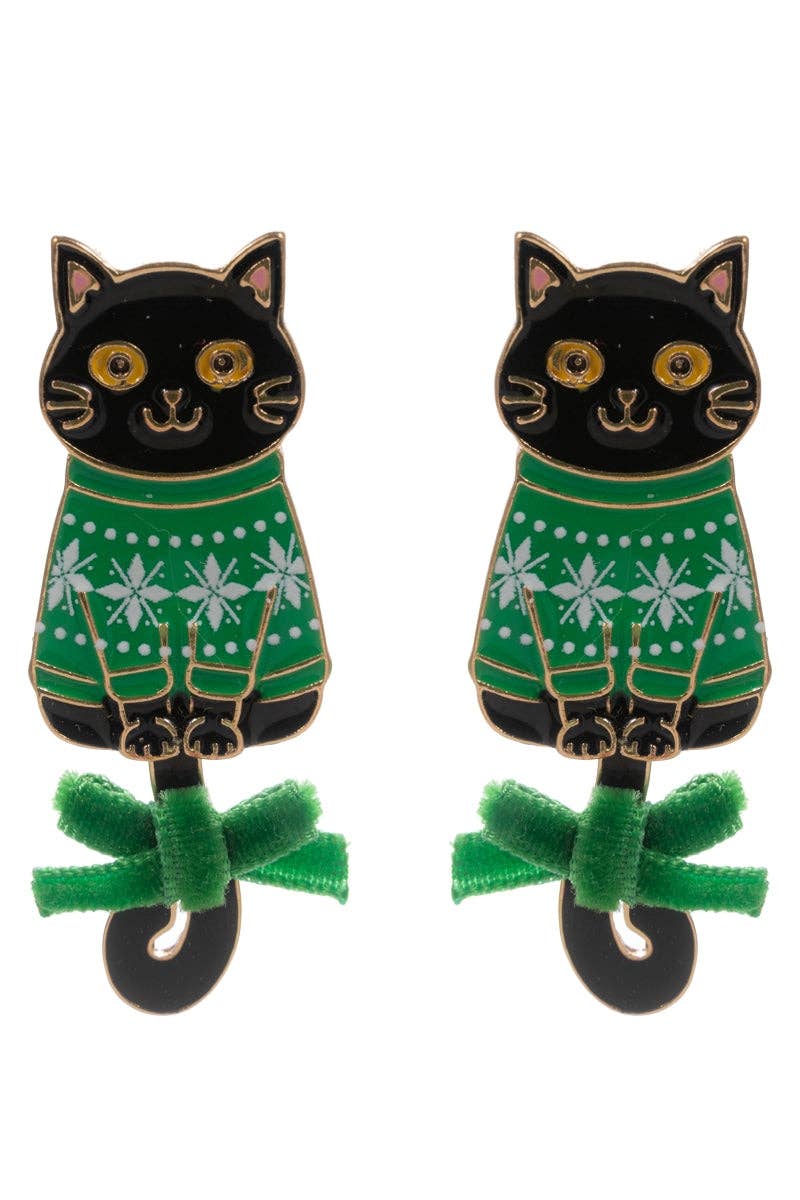 Cat in Christmas Sweater with Ribbon Post Earrings