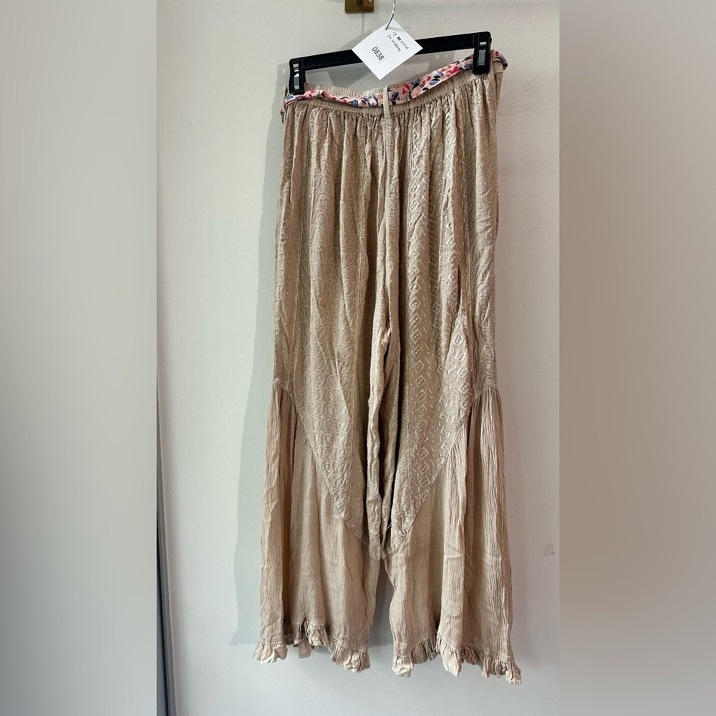 Patchwork Beige Embroidered Wide Leg Pants, Size S | 0838