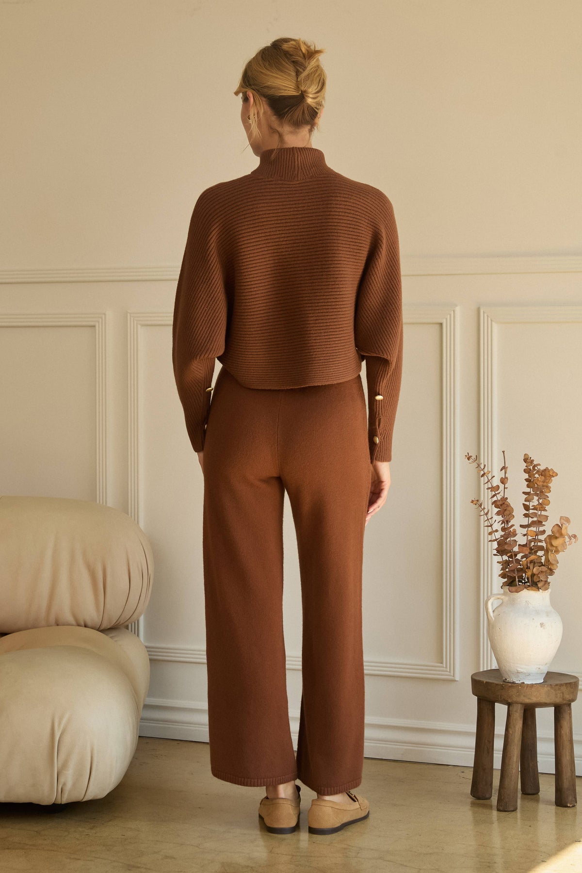 Ribbed Turtleneck Poncho Sweater with Gold Side Buttons