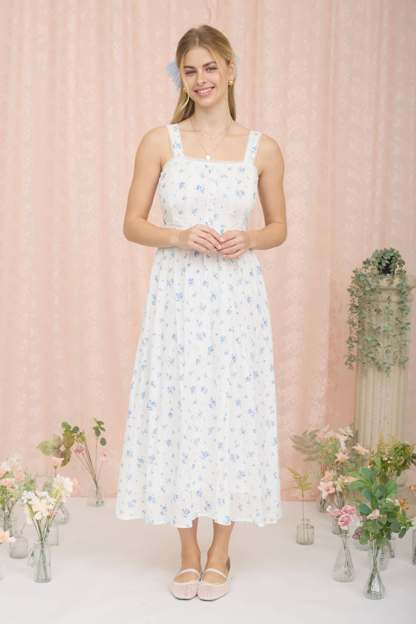 FLORAL STRIPE CLIP DOT SLEEVELESS MAXI DRESS