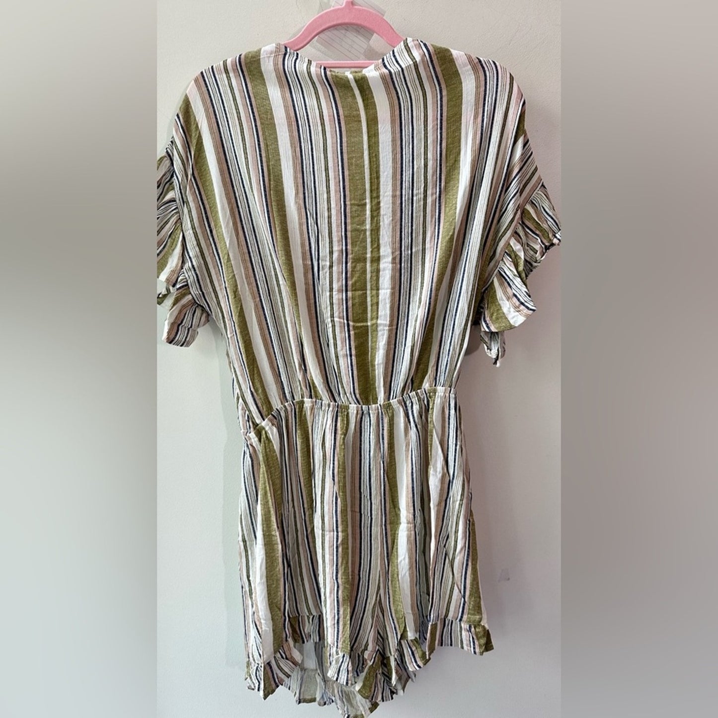 Olive Stripe Ruffle Sleeve Romper, Size M | 1042