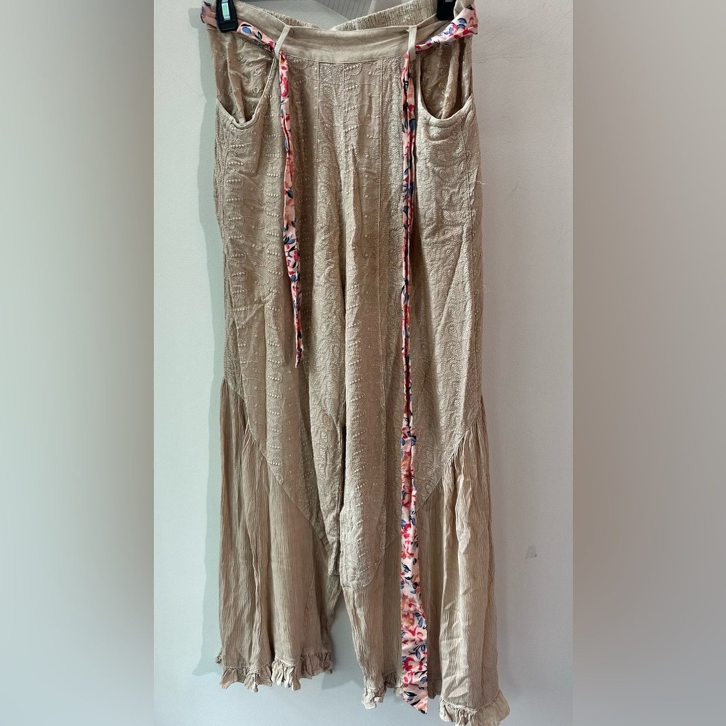 Patchwork Beige Embroidered Wide Leg Pants, Size S | 0838