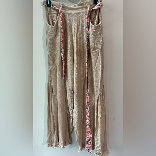Patchwork Beige Embroidered Wide Leg Pants, Size S | 0838