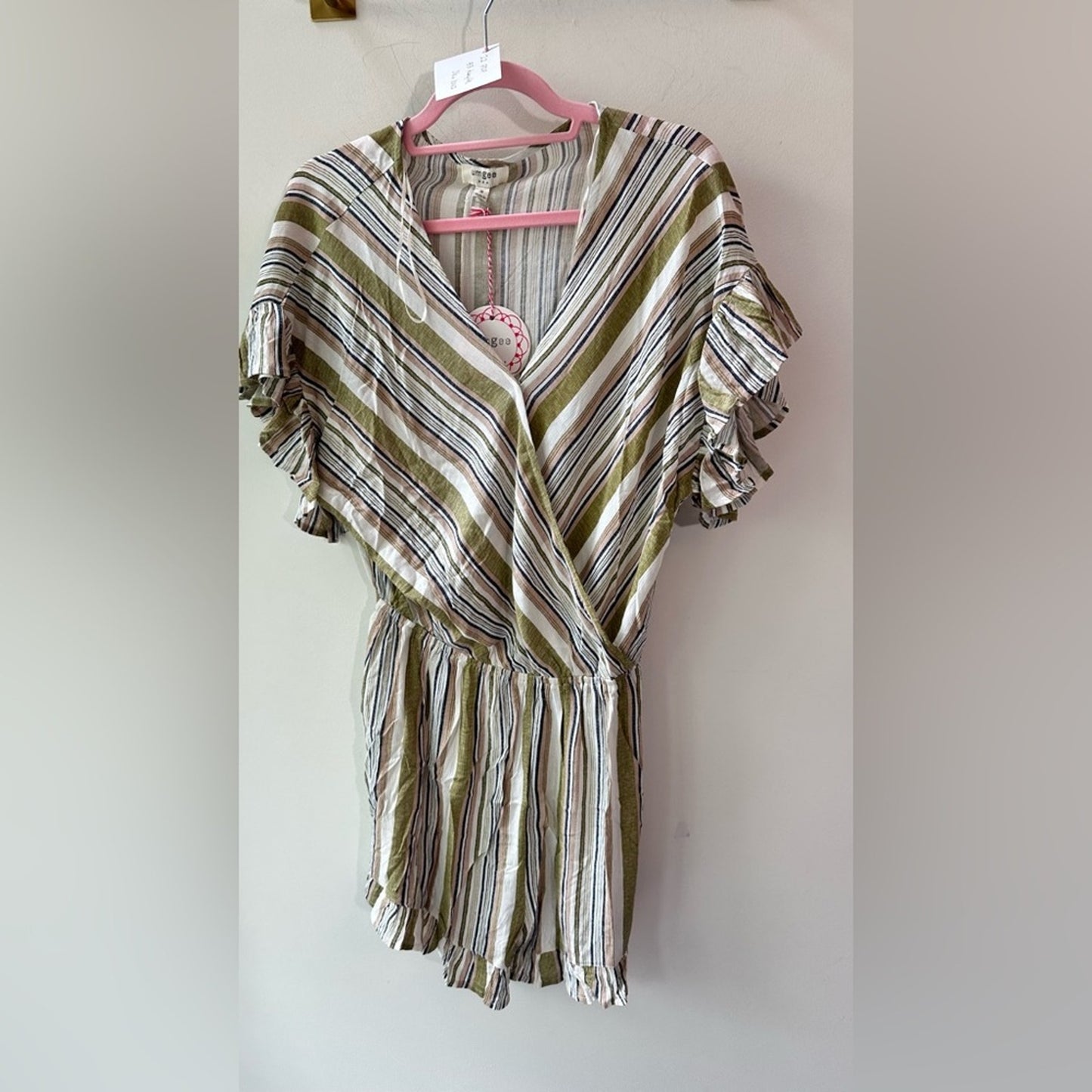 Olive Stripe Ruffle Sleeve Romper, Size M | 1042