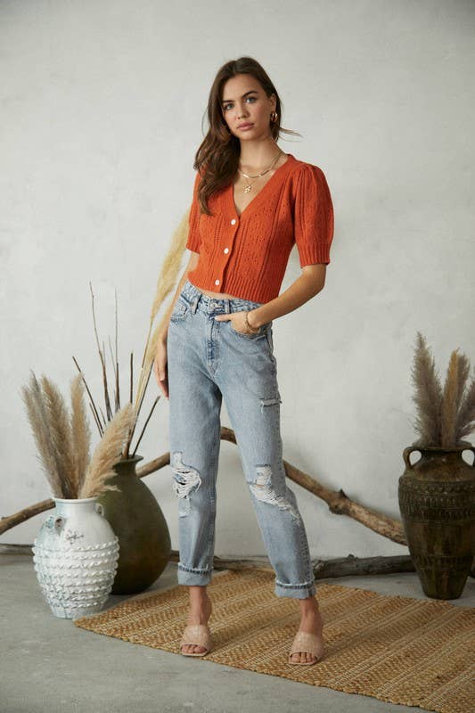 JW6198 Three Button 3/4 Sleeve Knitted Cardigan