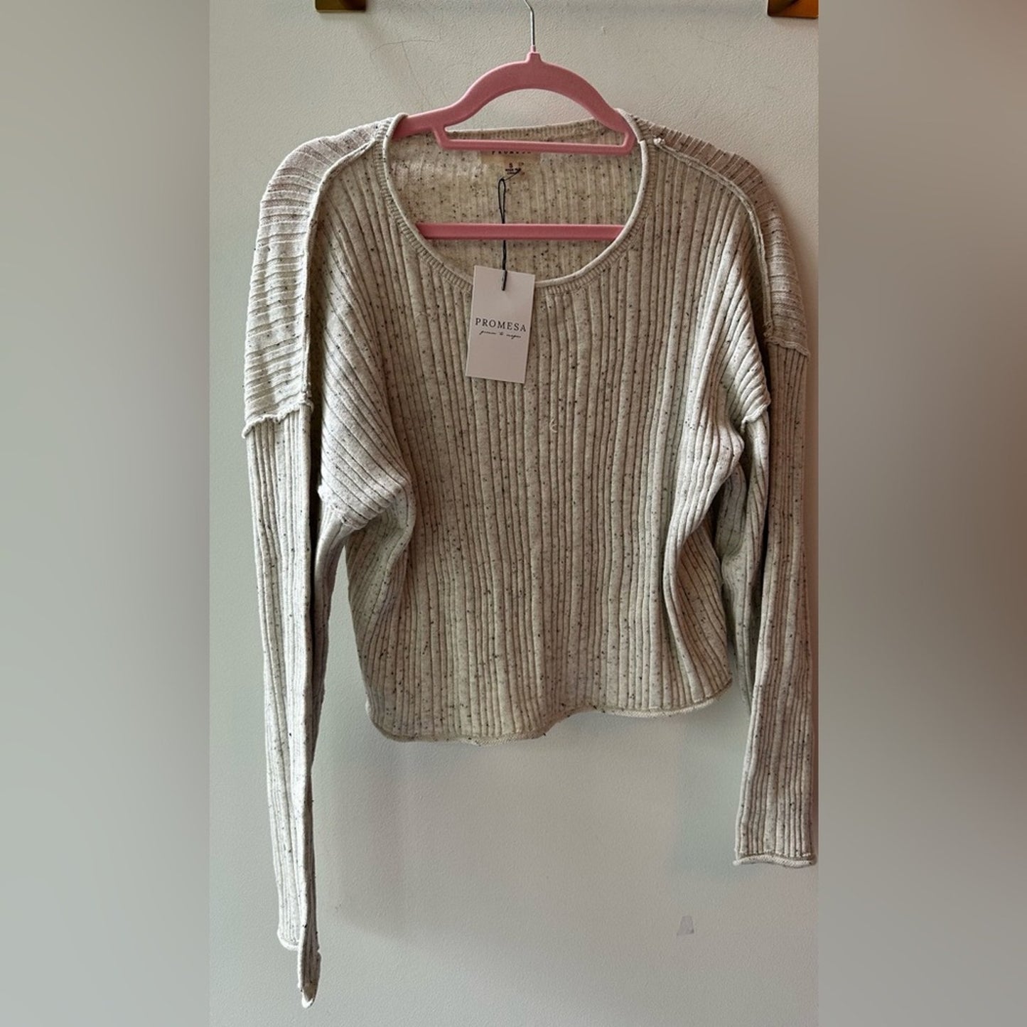 new Beige Speckled Ribbed Knit Sweater, Size S | SKU72