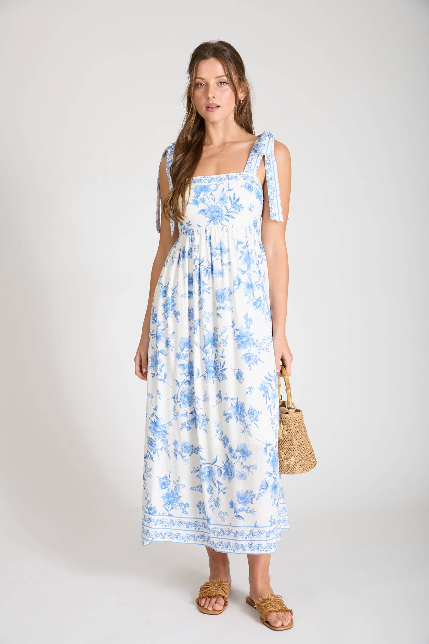FLORAL BORDER EMPIRE WAIST TIE STRAP MIDI DRESS