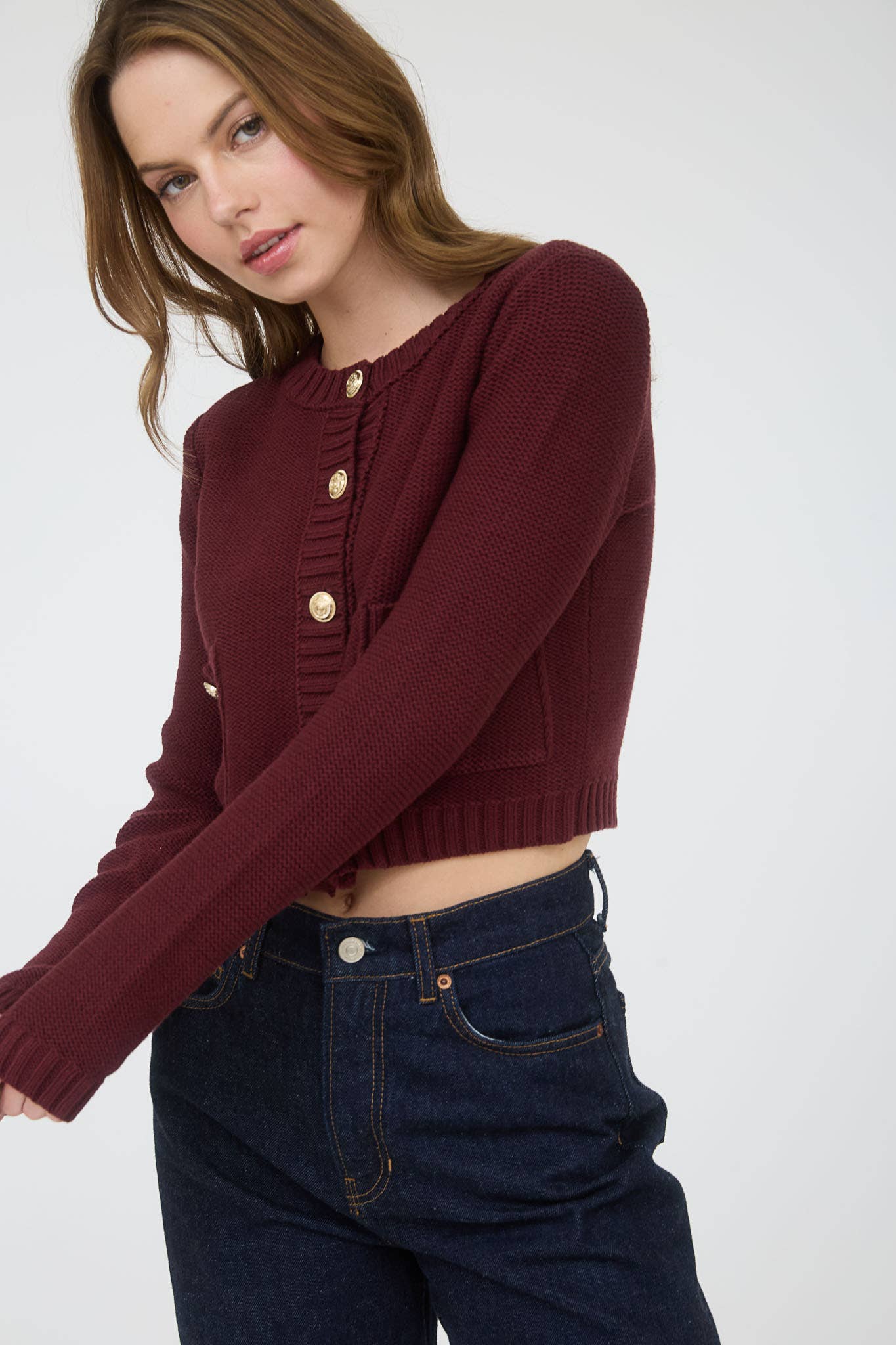 GOLD BUTTON RIBBED TRIM KNIT CARDIGAN SWEATER