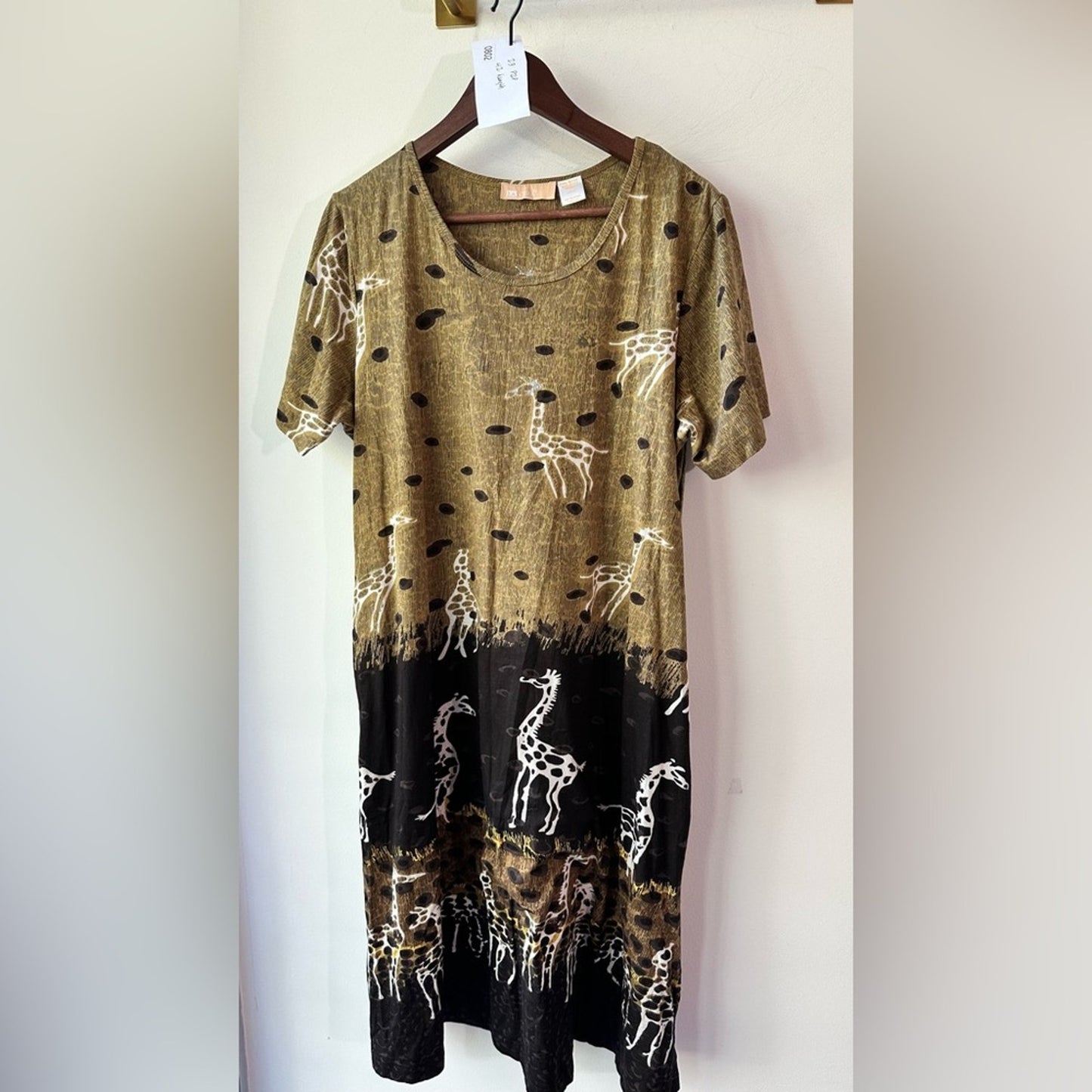 Brown/Black Giraffe Print Cotton Midi Dress, Size L | 0802