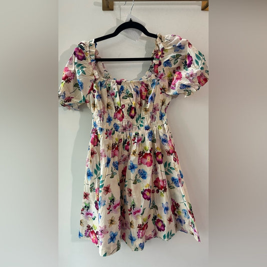 Cream Multicolor Floral Puff Sleeve Smocked Mini Dress, Size S | 1989