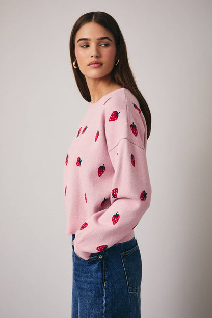 ROUND NECK LONG SLEEVE STRAWBERRY GRAPHIC SWEATER