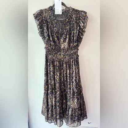 Oliveaceous, Black and Gold Smocked Ruffle Midi Dress, Size M | 0102