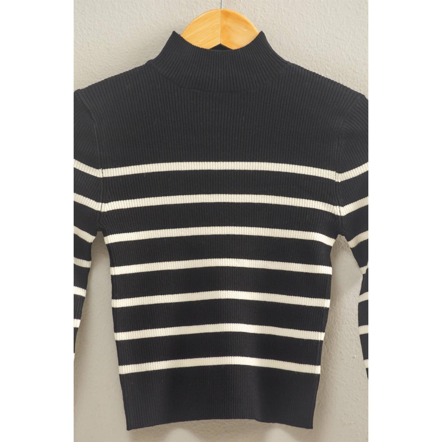 Striped Ribbed High Neck Cropped Knit Top