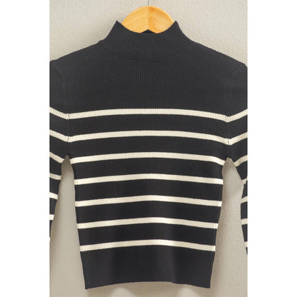 Striped Ribbed High Neck Cropped Knit Top