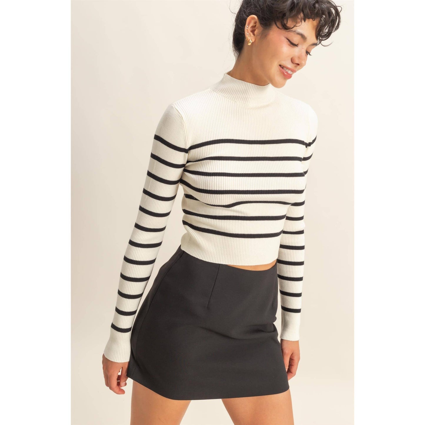 Striped Ribbed High Neck Cropped Knit Top
