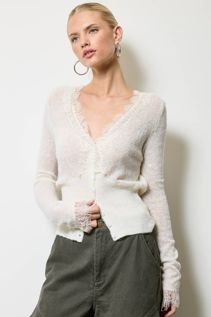 Lace Trim V Neck Knit Cardigan