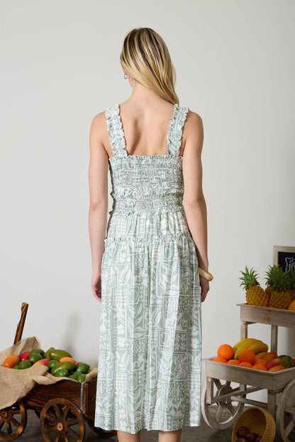 TILE PATTERN SMOCKED RUFFLE STRAP MIDI DRESS