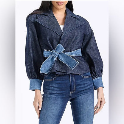 Denim Wrap Jacket with Contrast Belt, Size S | 0301