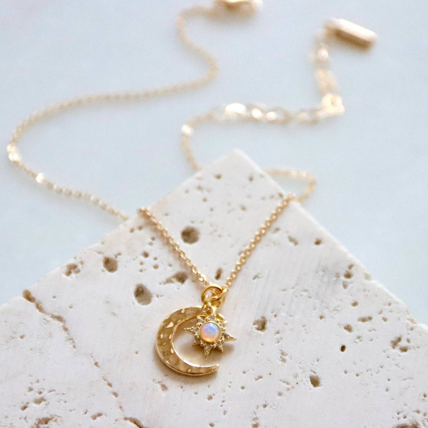 Hammered Moon and Opal Sun Necklace