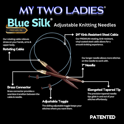 Blue Silk | Sampler Set | Adjustable Knitting Needles | 4 Sizes | US6, US8, US13, US17 | w/custom case