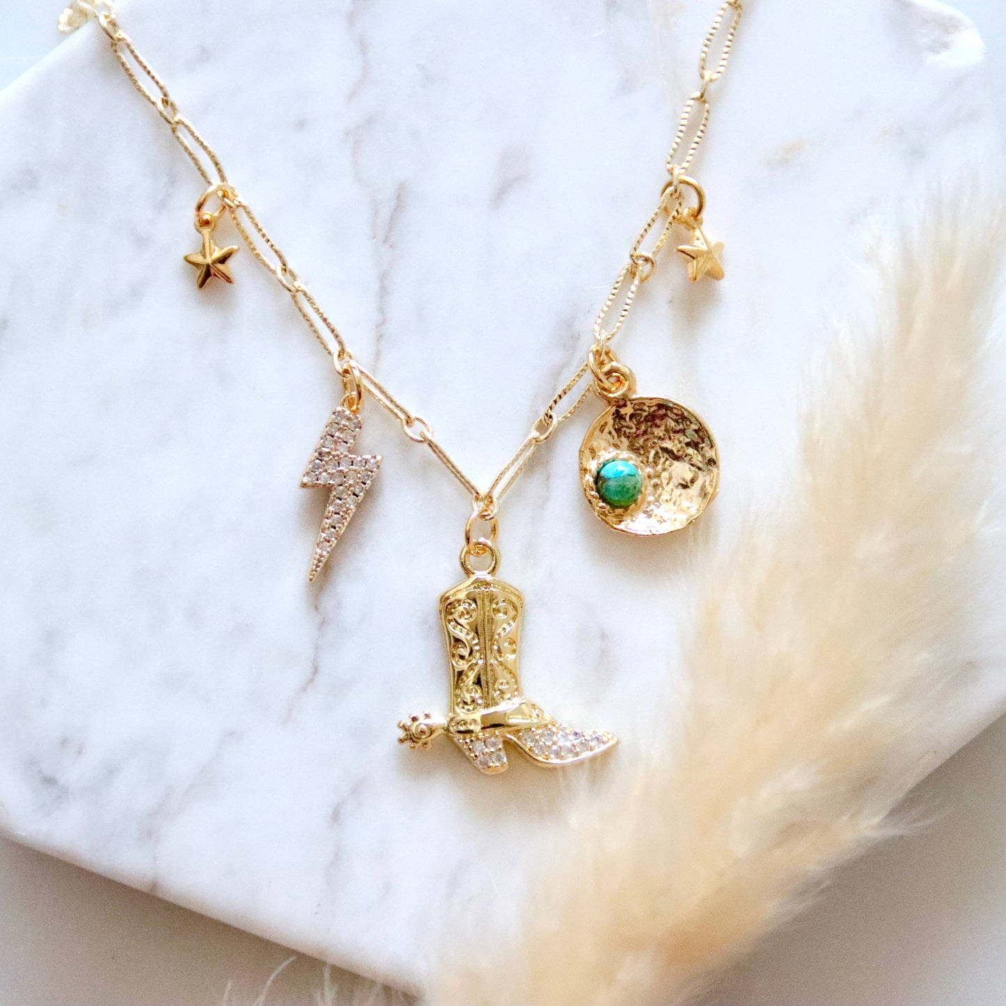 Desert Charm Necklace, Boot, Star, Bolt, Copper Turquoise