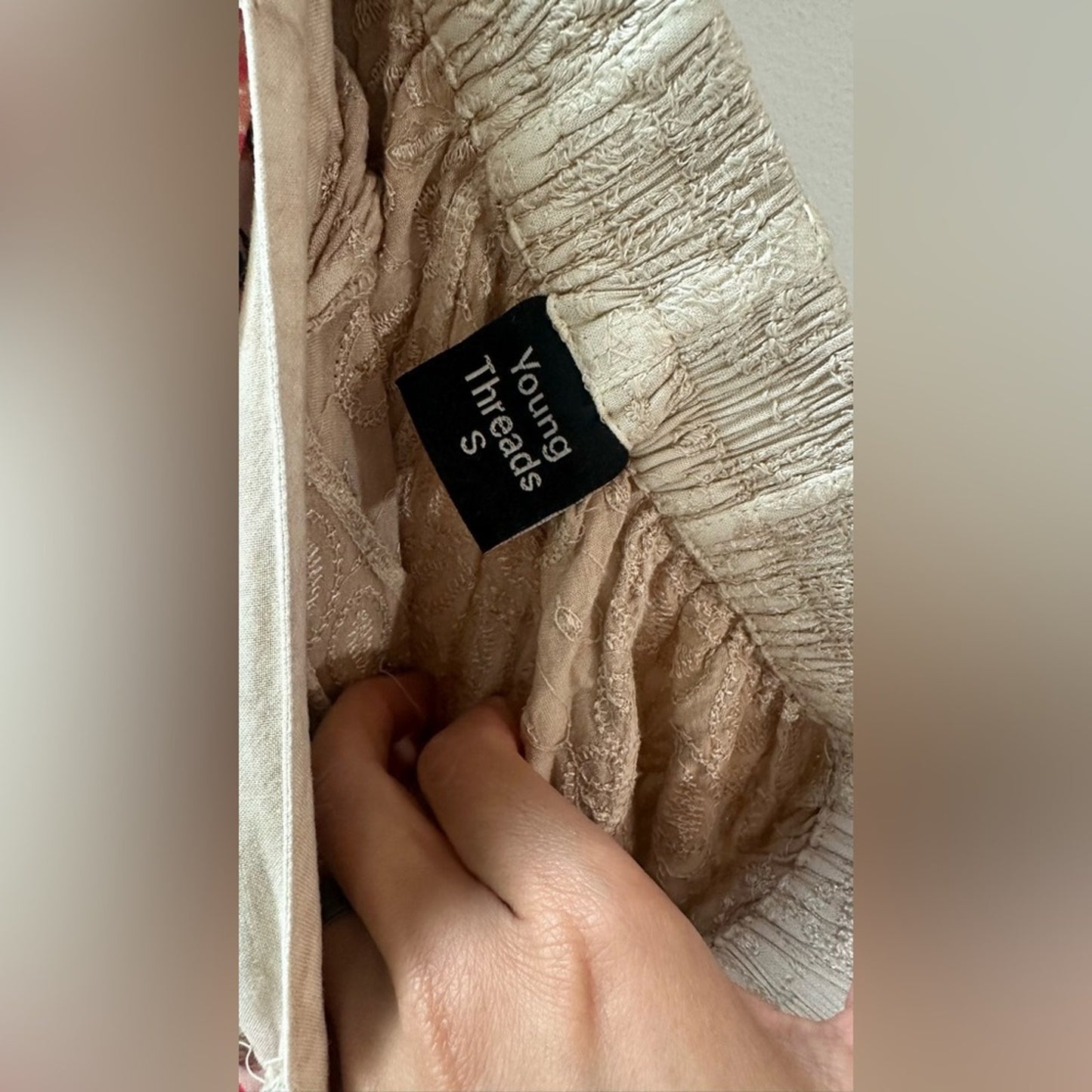 Patchwork Beige Embroidered Wide Leg Pants, Size S | 0838