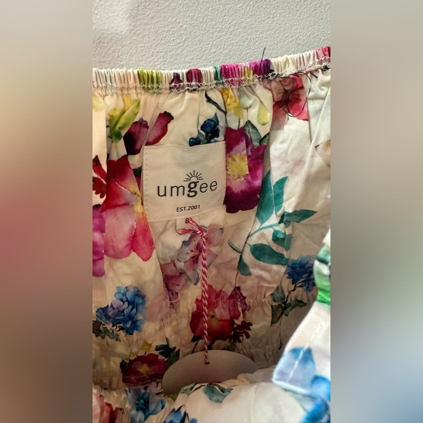 Cream Multicolor Floral Puff Sleeve Smocked Mini Dress, Size S | 1989