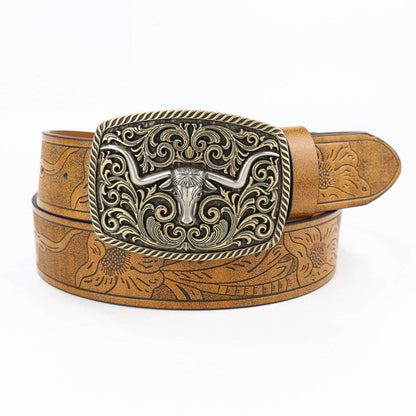 Retro Western Cowboy Belt with Bull Head Buckle Leather Punk Streetwear