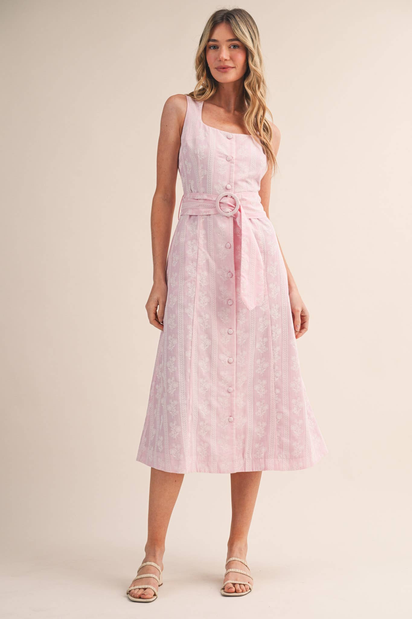 STRIPED FLORAL PRINT BUTTON DOWN BELTED MIDI DRESS MDR4811