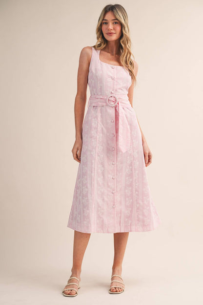 STRIPED FLORAL PRINT BUTTON DOWN BELTED MIDI DRESS MDR4811