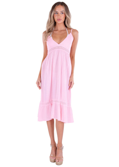 V-Neck Cotton Resort Midi Dress - Baby Pink