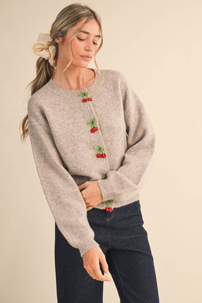 BEADED BOW FLORAL BUTTON SWEATER CARDIGAN MSW11256
