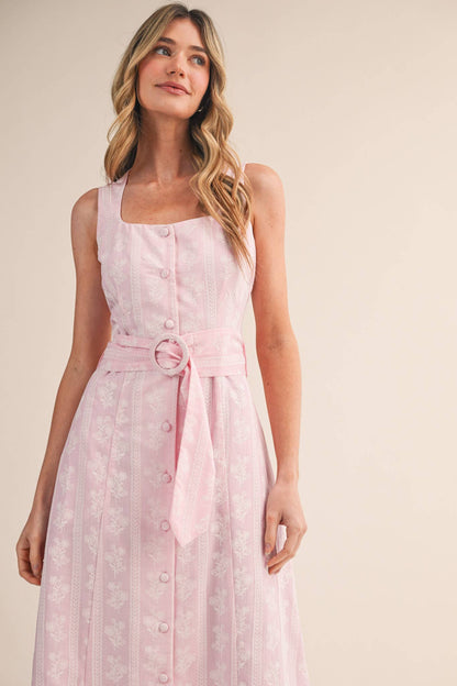 STRIPED FLORAL PRINT BUTTON DOWN BELTED MIDI DRESS MDR4811