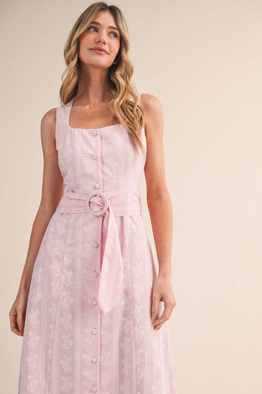 STRIPED FLORAL PRINT BUTTON DOWN BELTED MIDI DRESS MDR4811