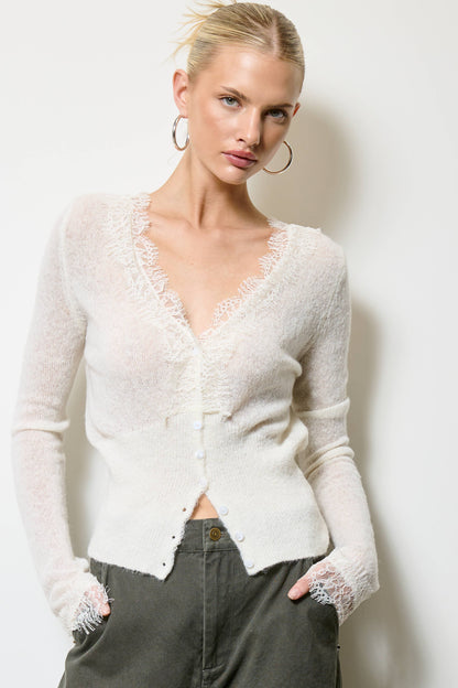 Lace Trim V Neck Knit Cardigan