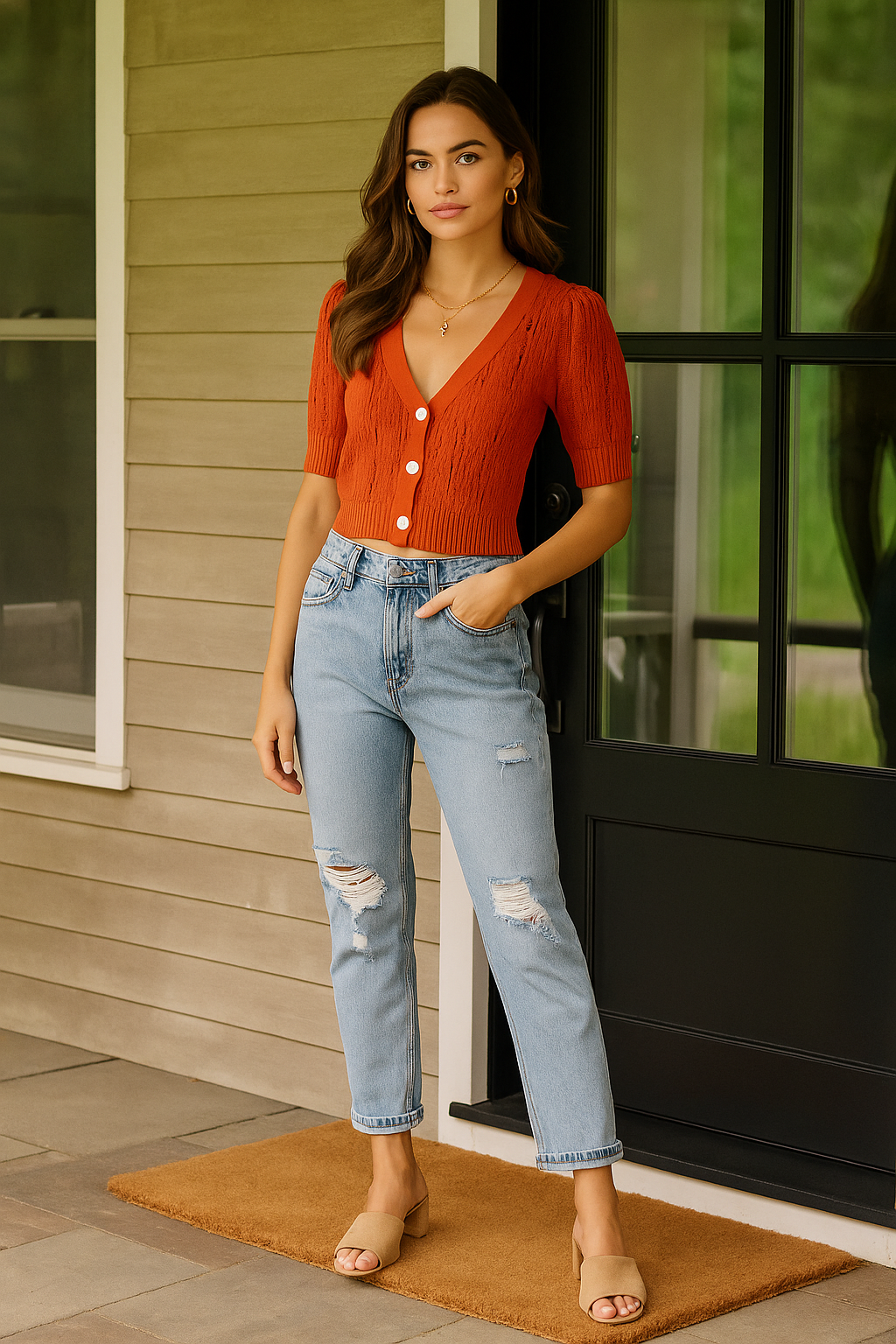 JW6198 Three Button 3/4 Sleeve Knitted Cardigan