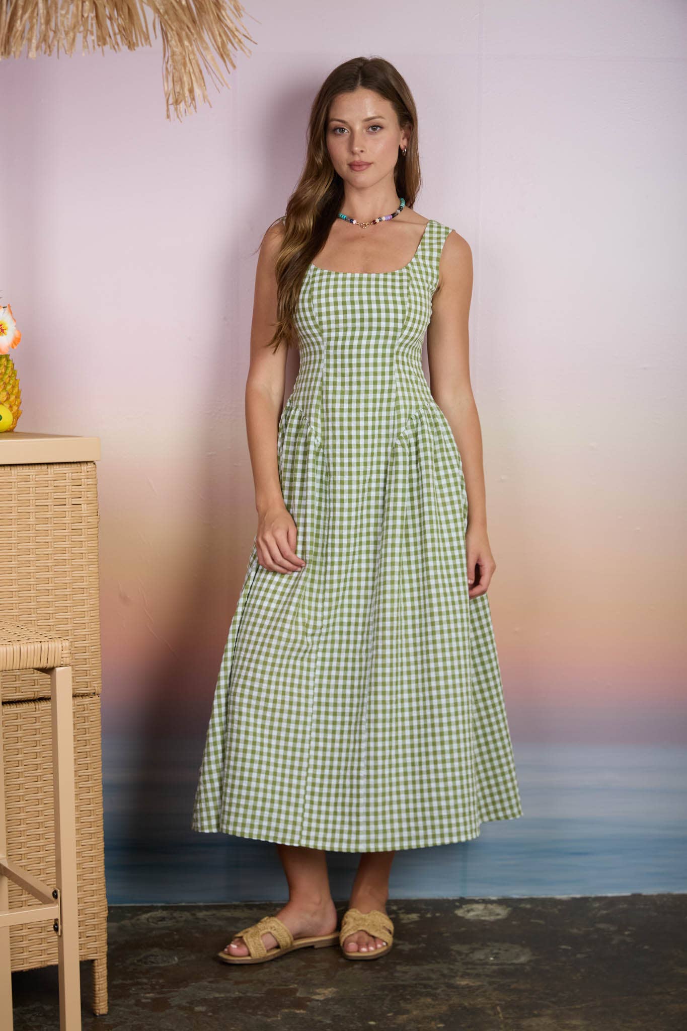 PLAID BASQUE WAIST SLEEVELESS MIDI DRESS
